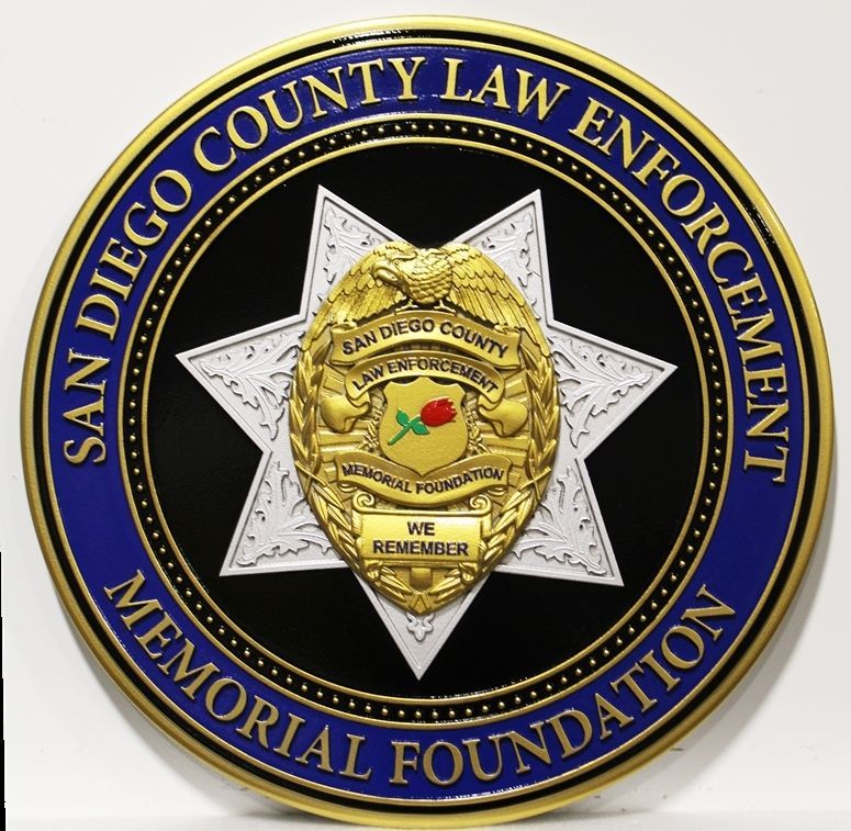 PP-1550 -  Carved 3-D Bas-Relief HDU Plaque of the Badge of the San Diego County Law Enforcement Memorial Foundation