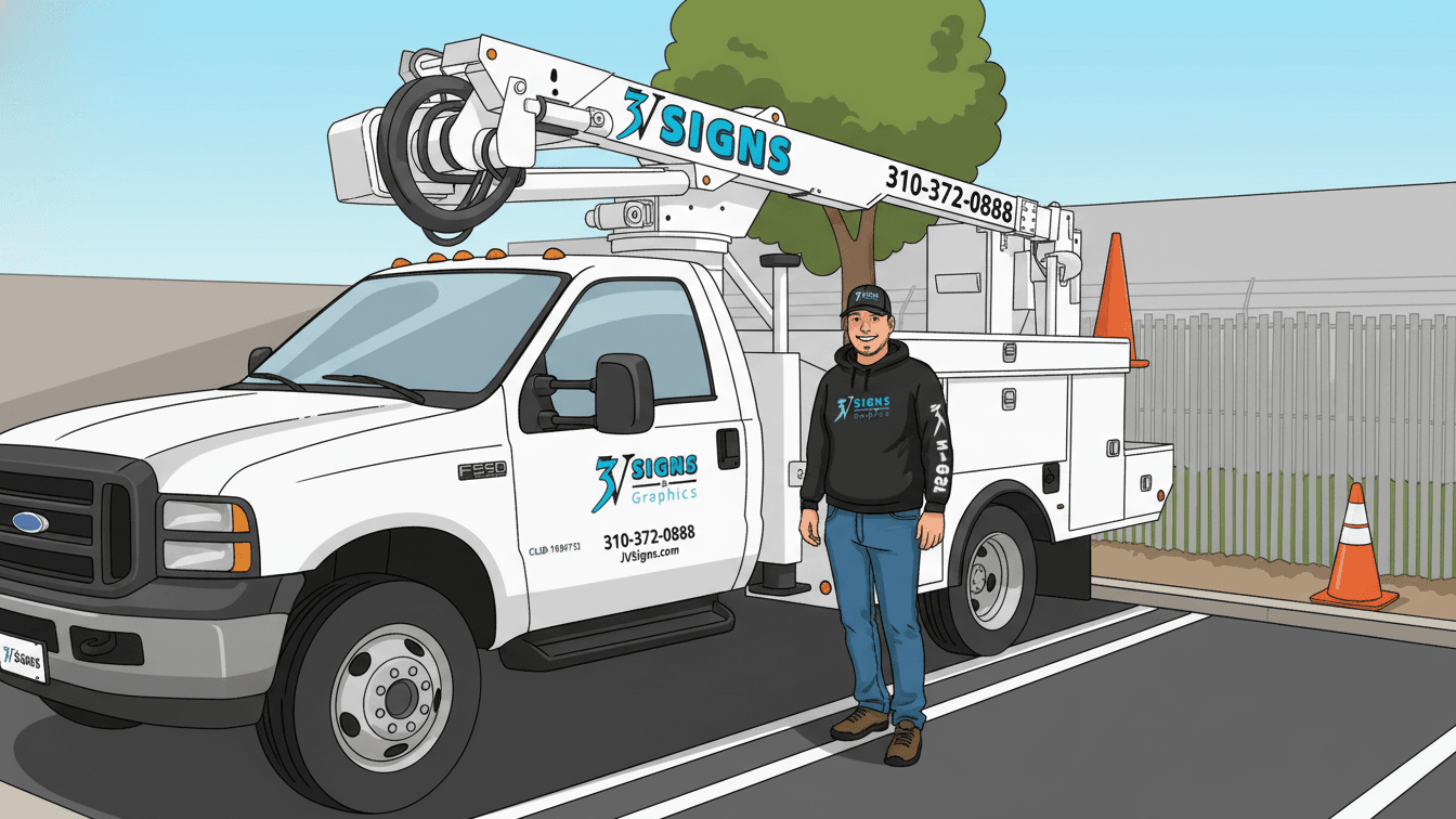 Illustration of installer beside bucket truck