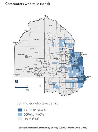 Hennepin County map showing commuters who take mass transit by Census Tract