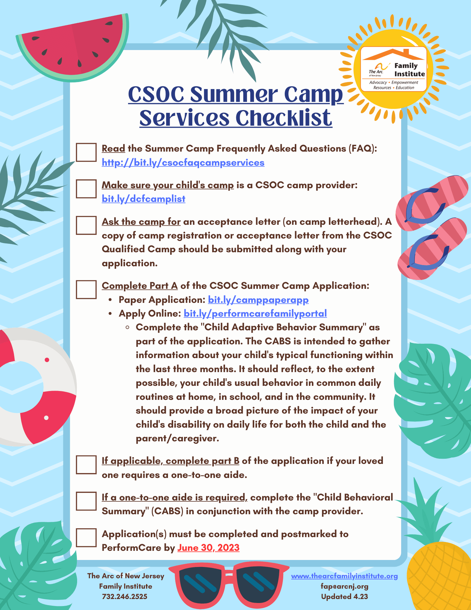 CSOC Summer Camp Services Checklist