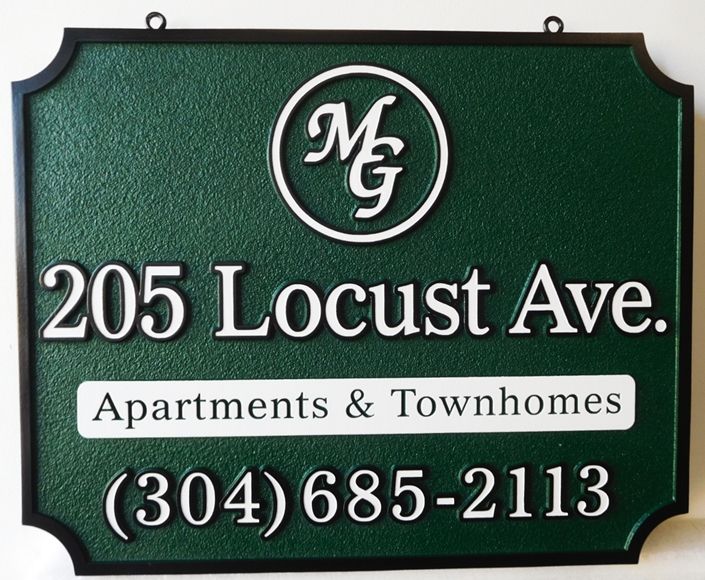 K20336 - Carved HDU Entrance Sign, for "MG" Apartment and Townhomes  Complex., with  Sandblasted  Sandstone Texture Background