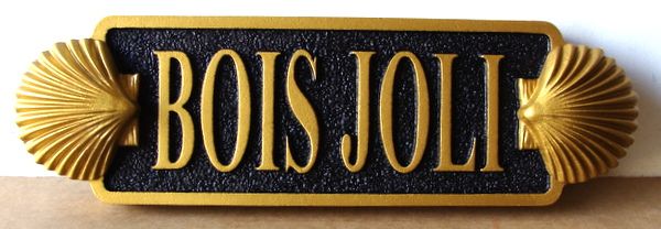 L21888 - Carved HDU Quarterboard Property Name Sign "Bois Jolie" Sign for Coastal Residence, with 3-D Seashells 