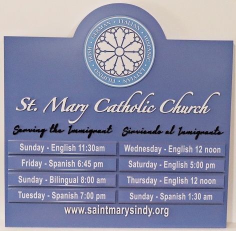 D13026A - Carved HDU Sign for St. Mary Catholic Church with Mass Times and Artwork
