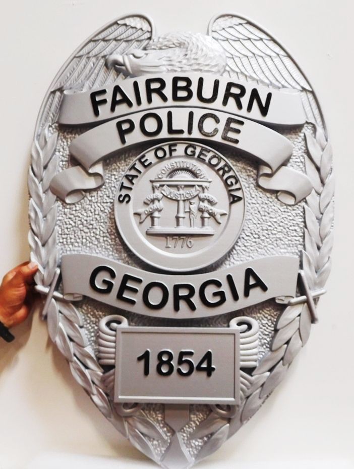 PP-1370 - Carved Plaque of the  Badge of the Fairburn Police, Georgia, 3-D Artist-Painted