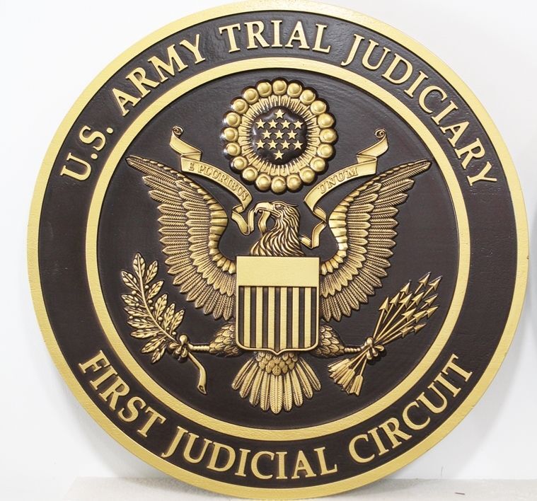 FP-1538- Carved 3-D Bronze-Plated HDU Plaque of the Seal of the US Army Trial Judiciary, First Judicial Circuit