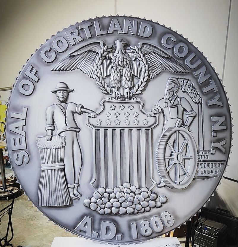 CP-1092 - Carved 3-D Bas-Relief  HDU Plaque of the Seal of  Cortland County, New York, Painted Gray