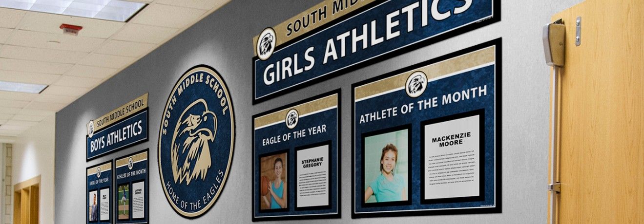 School hallway with athlete of the month and athlete recognition custom signs, high school athletics signs