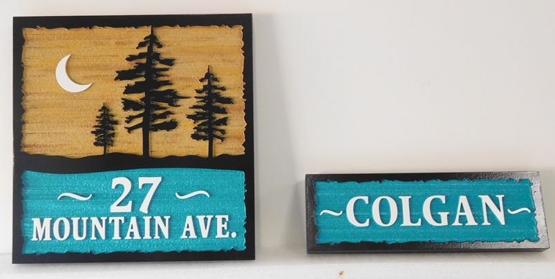 M22059 - Carved and Sandblasted Wood Grain Two-piece Cabin Address Sign with Two Pine Trees in Silhouette and Moon 