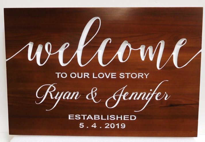 N23065 - Carved Mahogany Wall Plaque with Engraved  Text "Welcome to our Love Story" 