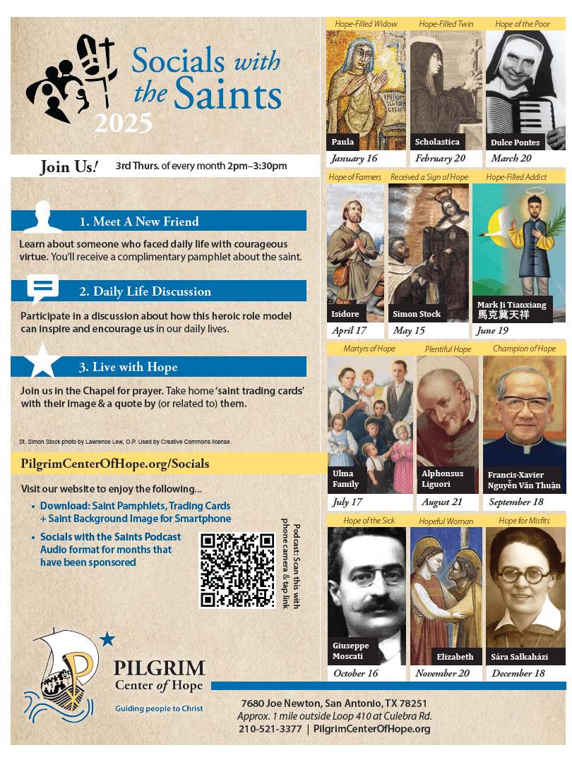 This image is a flyer of 2024 socials with the saints events and media.