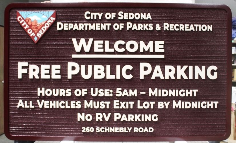 GA16581 - Carved "Welcome Free Public Parking" Sign