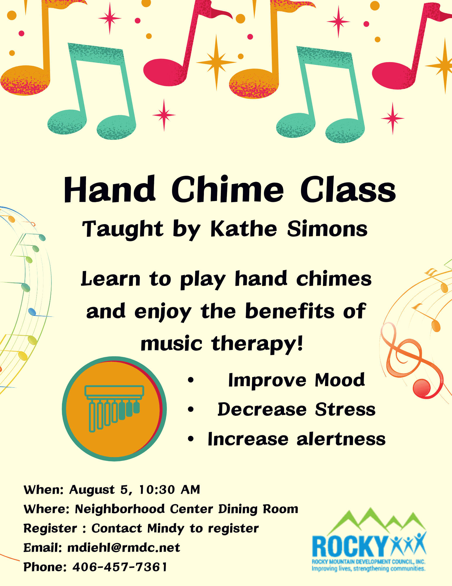 Learn to play hand chimes with instructor Kathe Simons and enjoy the benefits of music therapy! 