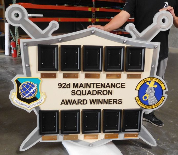 LP-9030- Cedar Award Board for Air Force 92nd Maintenance Squadron, with Carved Crests and Photo Frames