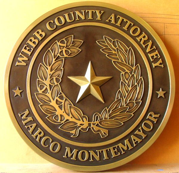 A10905 - Carved 3-D Brass Courtroom  Wall Plaque, for Attorney Office in Webb County, Texas