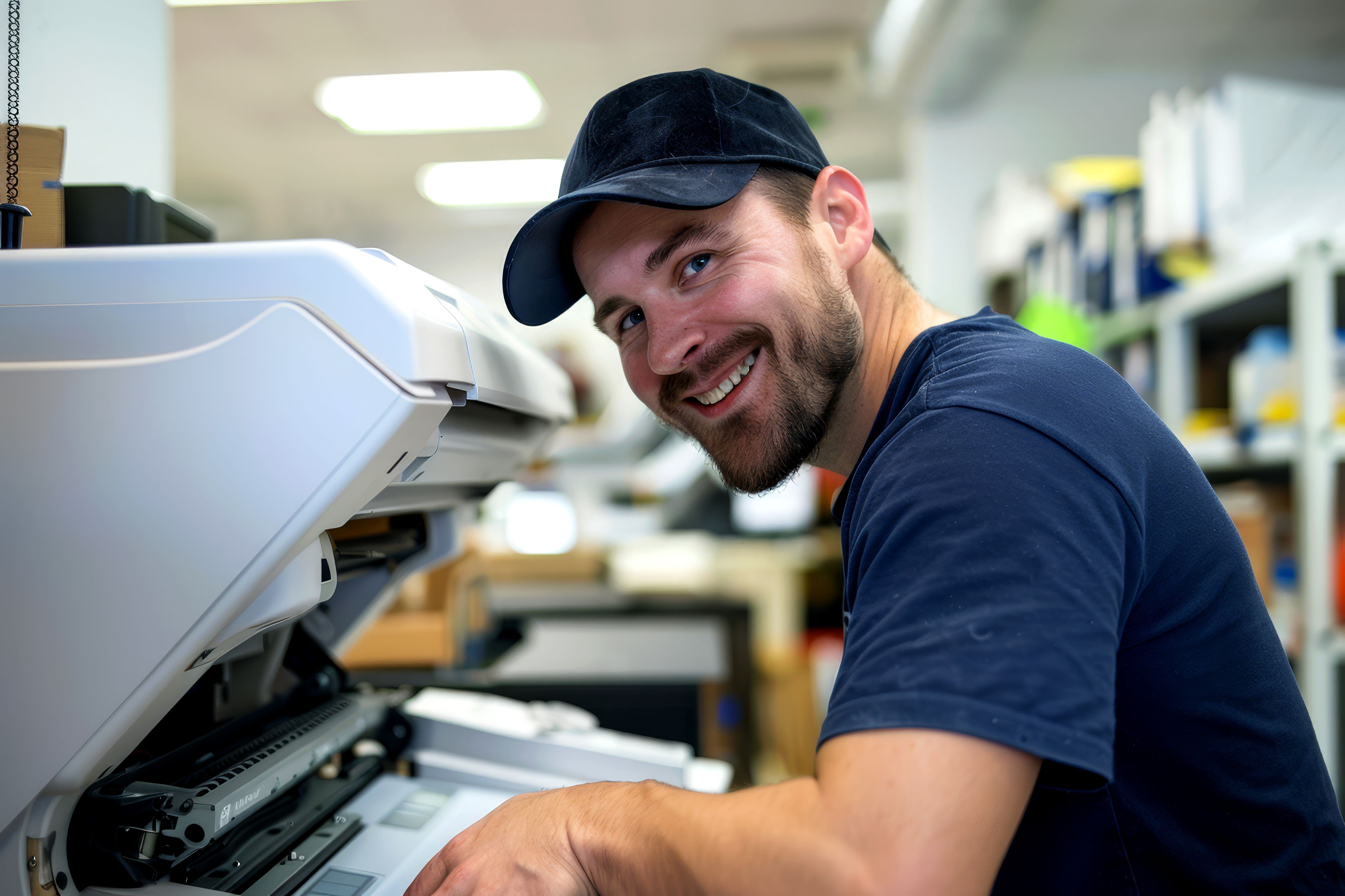 Smiling young man with beard and cap working on a printing machine