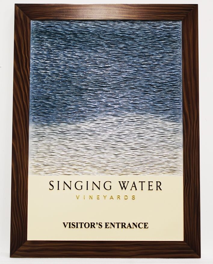 R27062 - Carved 3-D HDU sign for the Singing Waters Vineyard, with Water Waves and Wood Frame as Artwork