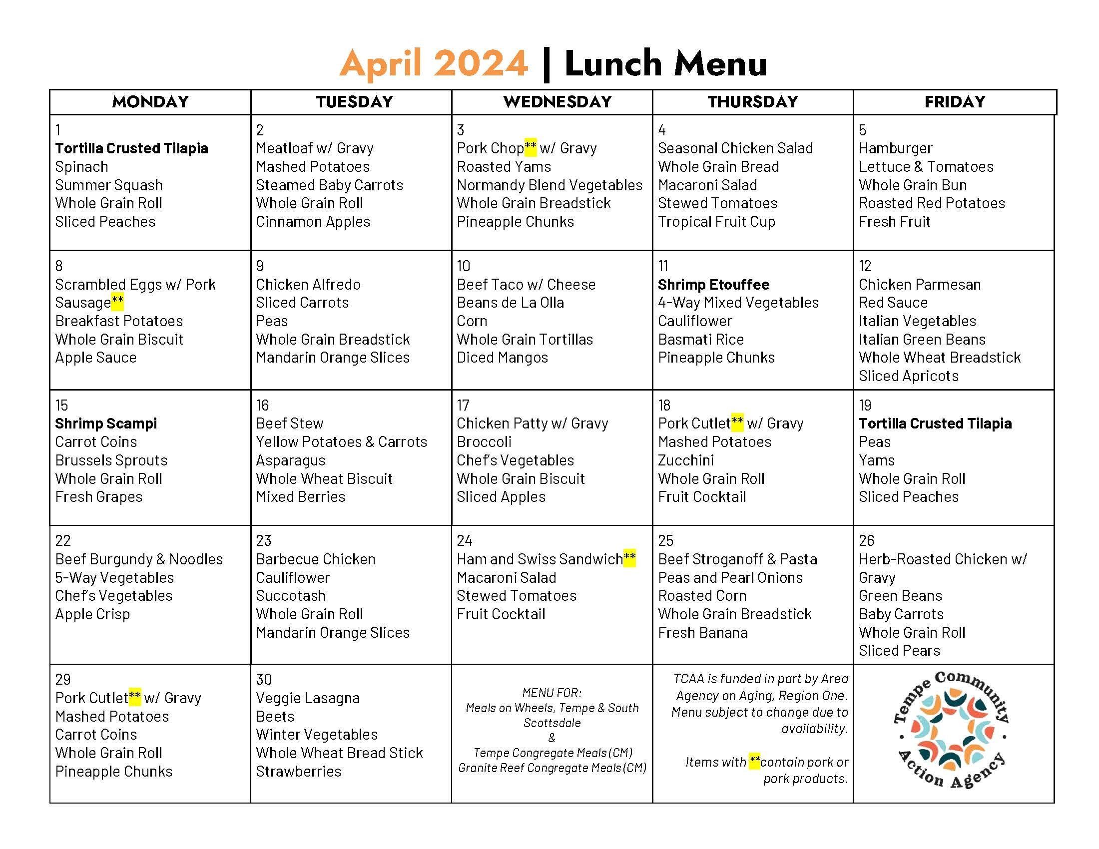 April Meal Calendar