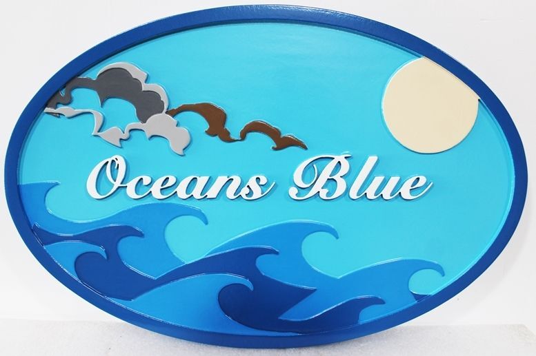L21164 - Carved  Seacoast Home  Sign, "Oceans Blue” , features Stylized  Ocean Waves, Clouds, and a Full Moon
