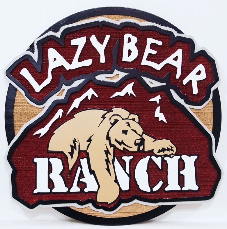 O24601 - Carved 2.5-D and Sandblasted Wood Grain entrance sign for the "Lazy Bear Ranch".  featuring a Stylized Bear and Snowy Peaks as Artwork