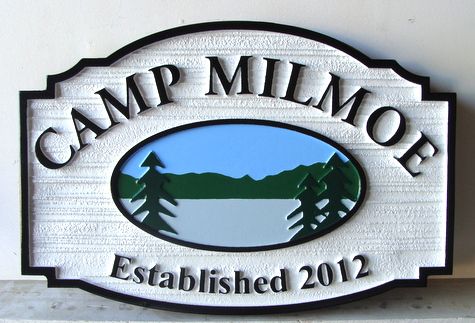 M22332 - Carved and Sandblasted HDU Camp Sign with Lake, Trees and Mountains