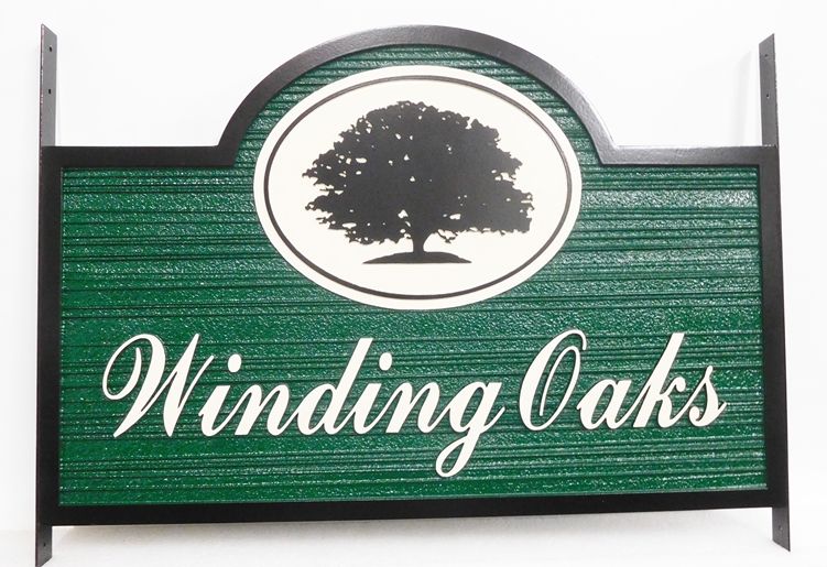I18310 - Carved and Sandblasted High-Density-Urethane Property Name Sign, "Winding Oaks", with Oak Tree as Artwork 