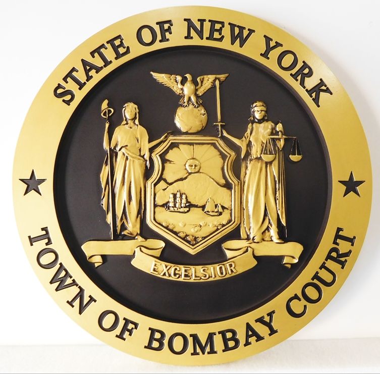 X33028 - Wall Plaque of the Seal of the Town of Bombay Court, New York, painted Metallic Gold with Hand-Rubbed Black Paint