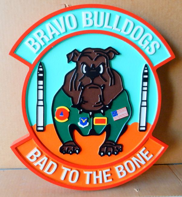 LP-6080 - Carved Round Plaque of the Crest of the 742 Missile Squadron Bravo Bulldogs "Bravo Bulldogs",  Artist Painted