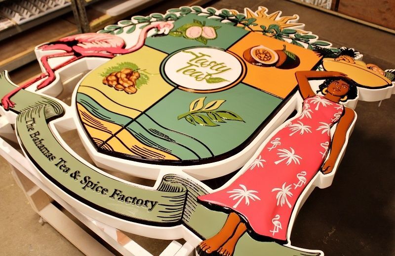 Q25665 - Carved and Sandblasted Sign for "The Bahamas Tea & Spice Factory" with Artwork