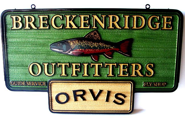 M22570 - Carved and Sandblasted (Wood Grain)  2.5-D  Sign for Breckenridge Orvis Outfitters Sign, with Vinyl Decal of Fish