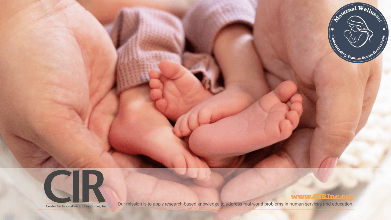 Mother holding baby twins feet with CIR logo on the bottom left