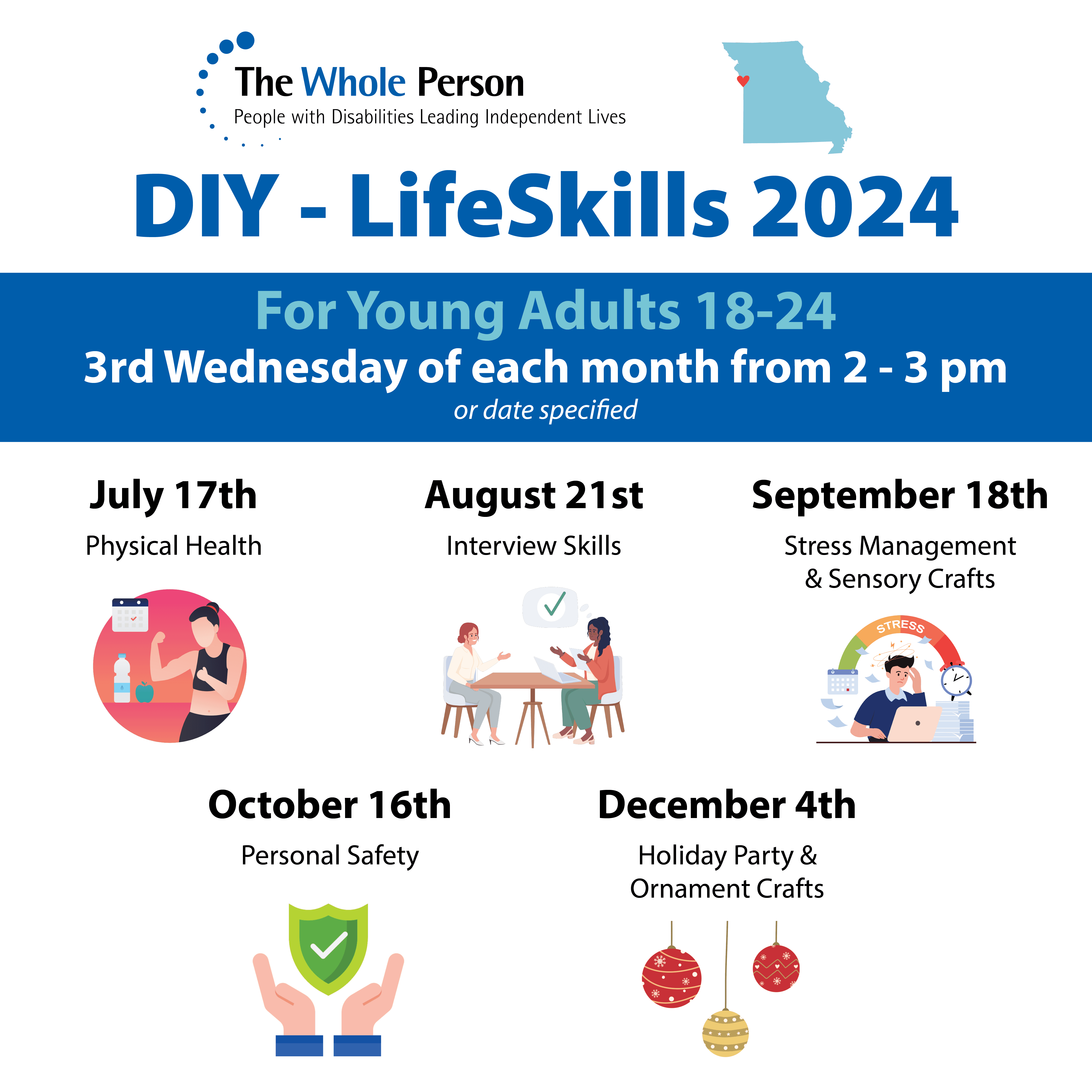 graphic with a variety of images matching the theme of the month's activity. the text on the image reads "DIY lifeskills 2024. for young adults 18-24. 3rd wednesday of each month from 2-3pm. or date specified."