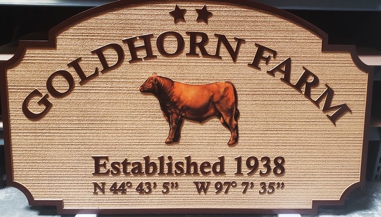 O24137 - Carved 2.5-D Raised Relief and Sandblasted Wood Grain  High Density Urethane (HDU)  Sign for the Goldhorn Farm