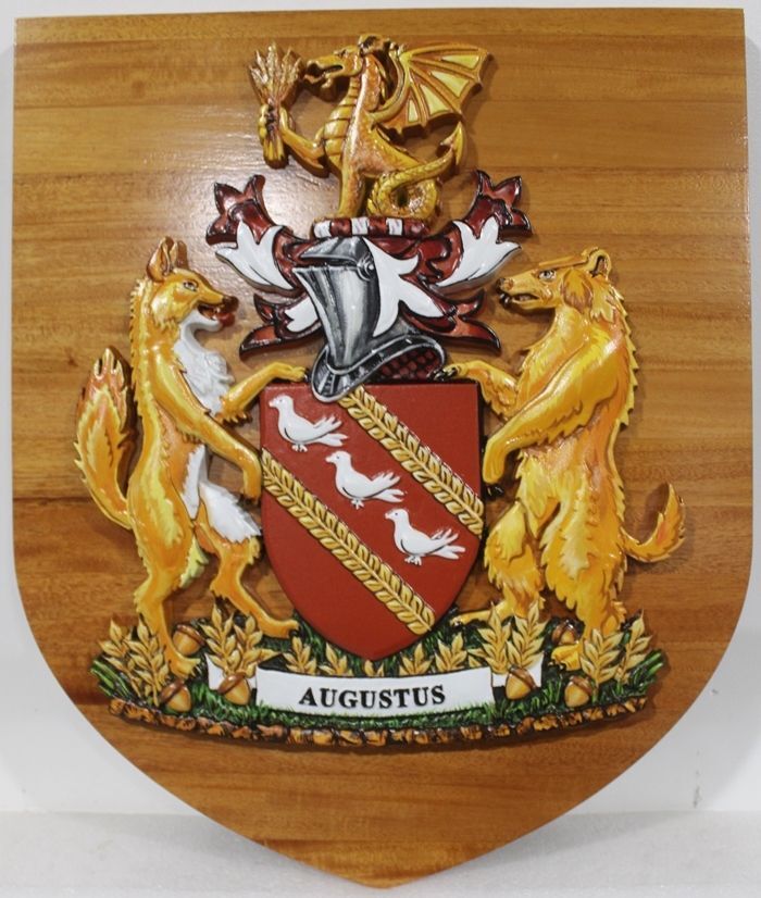 XP-2185 - Carved Shield Wall Plaque of Augustus Coat-of-Arms, Artist Painted with Oak Wood Shield