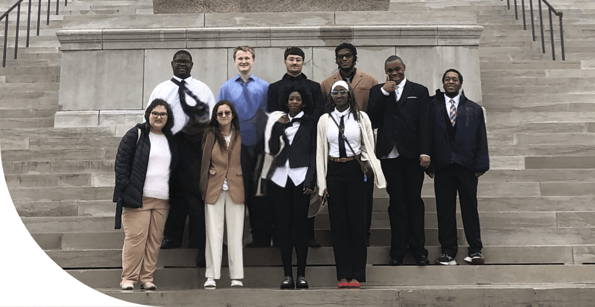 students standing at the state capitol 