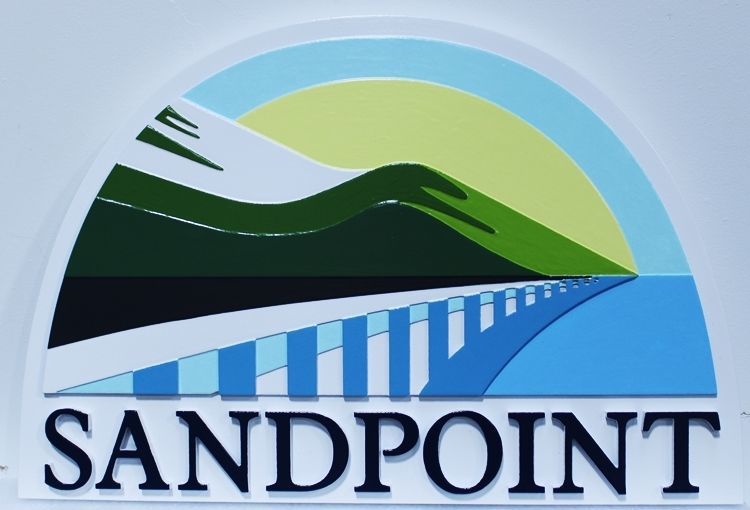 L21928 - Carved HDU  Coastal Residence  Sign, "Sandpoint” , with  a Stylized Bridge, Mountains and Bay as Artwork.