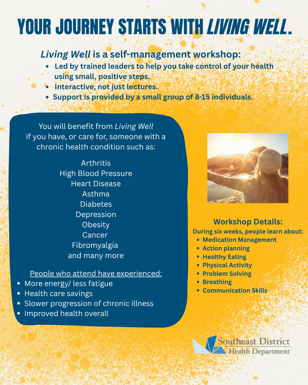 Your journey starts with living well self-management workshop. if you have or care for someone with a chronic health condition this workshop will teach you medication management, healthy eating and more