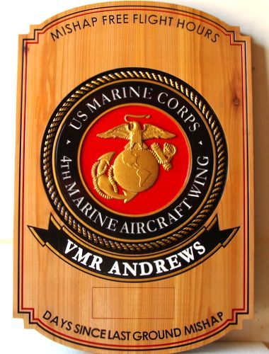 SB1130 - Safety Plaque for the 4th Marine Aircraft Wing , Carved from Western Red Cedar with 3-D Marine Corps Emblem