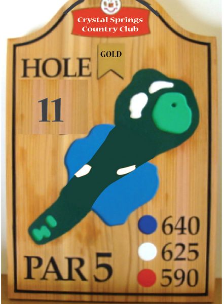 E14412 – Carved Cedar Wood Golf Tee Sign for Crystal Springs Country Club, with Fairway Map
