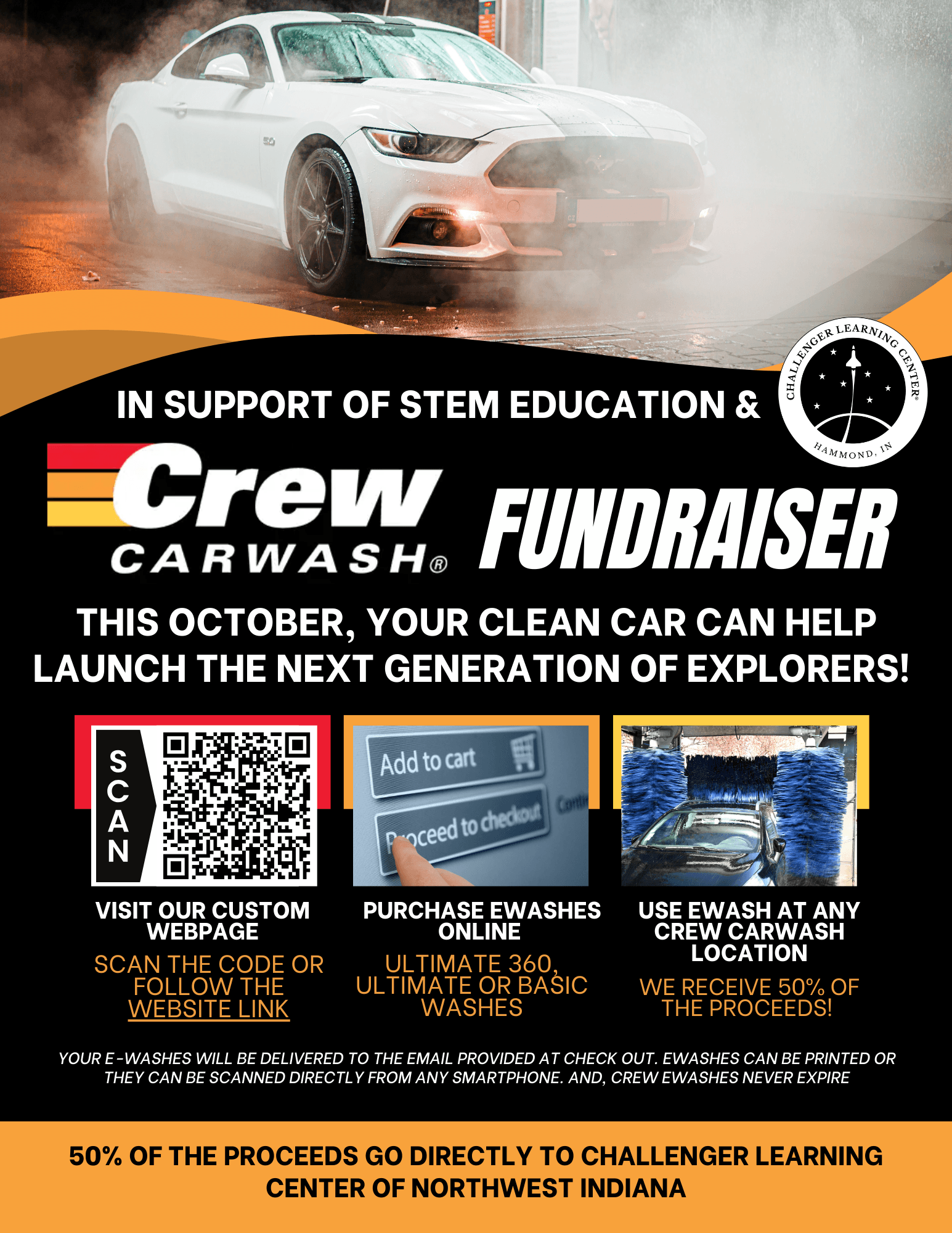 Flier detailing how to participate in Crew Carwash fundraiser by purchasing ewashes to use any time and anywhere.