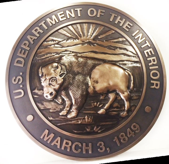 G16051- Carved HDU Wall Plaque of the Seal for the Department of Interior, 3-D, Bronze-Plated, with Buffalo 