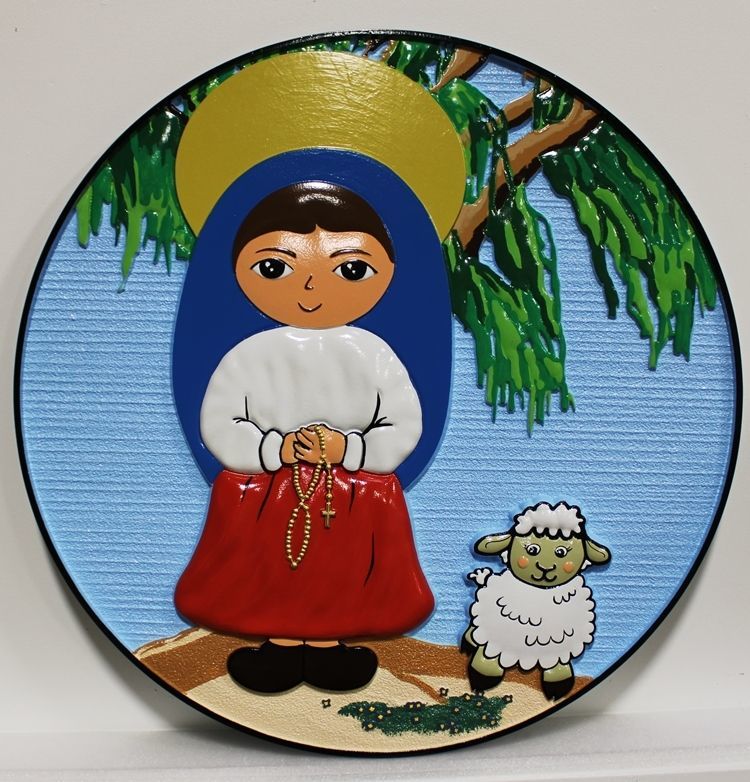 YP-2170 - Plaque featuring a  Painting of a Girl with a Halo  Holding a Cross,  next to a Lamb 