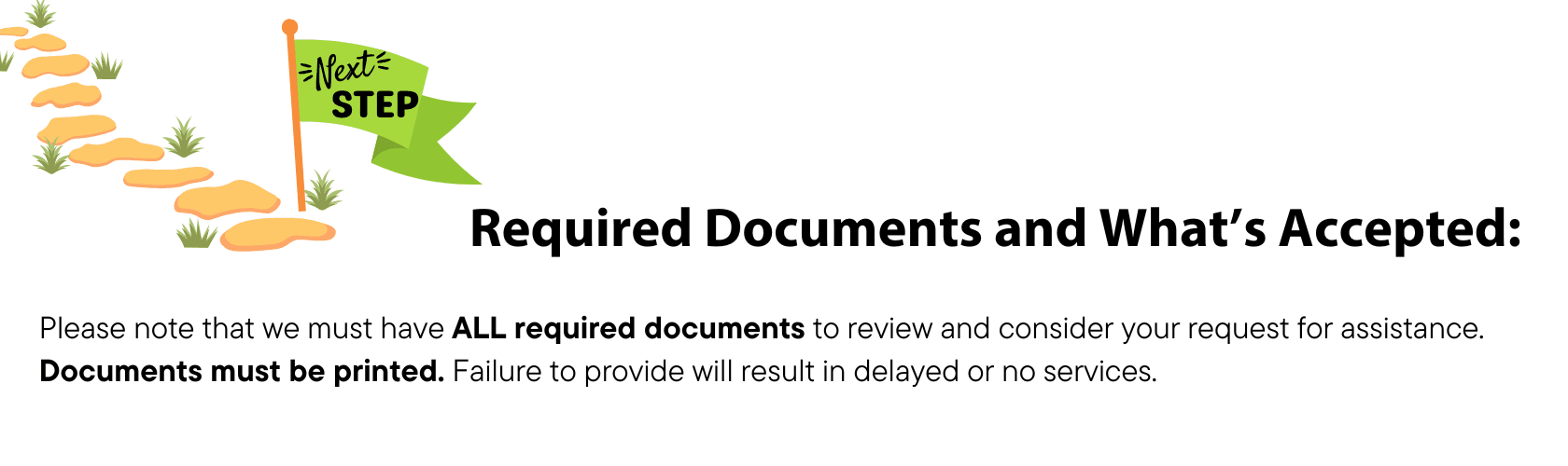 Required Documents and What's Accepted - We must have ALL REQUIRED DOCUMENTS and they MUST BE PRINTED in order to review and consider your request for assistance. 