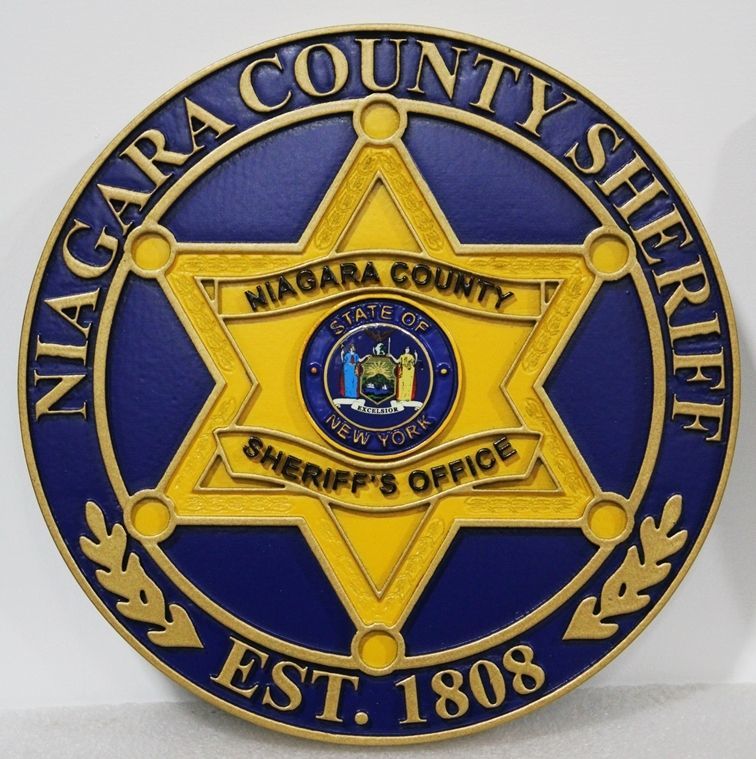 PP-1831 -  Carved 2.5-D Multi-Level Raised Relief  HDU Plaque of the Star Badge of the Sheriff's Office of Niagara County, New York,
