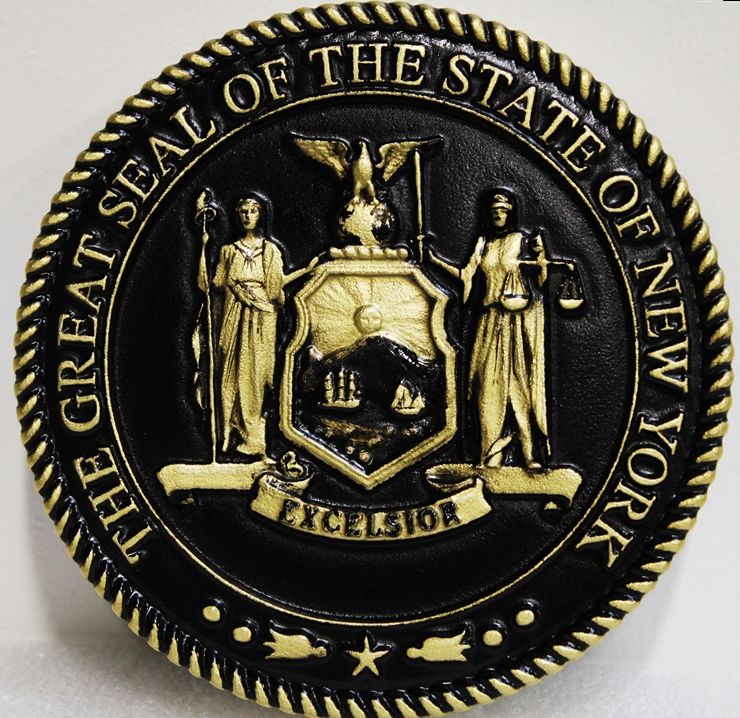 BP-1372 - Carved Plaque of the Great Seal of the State of New York, 3-D painted Metallic Gold with Hand-rubbed Black Paint for  Background