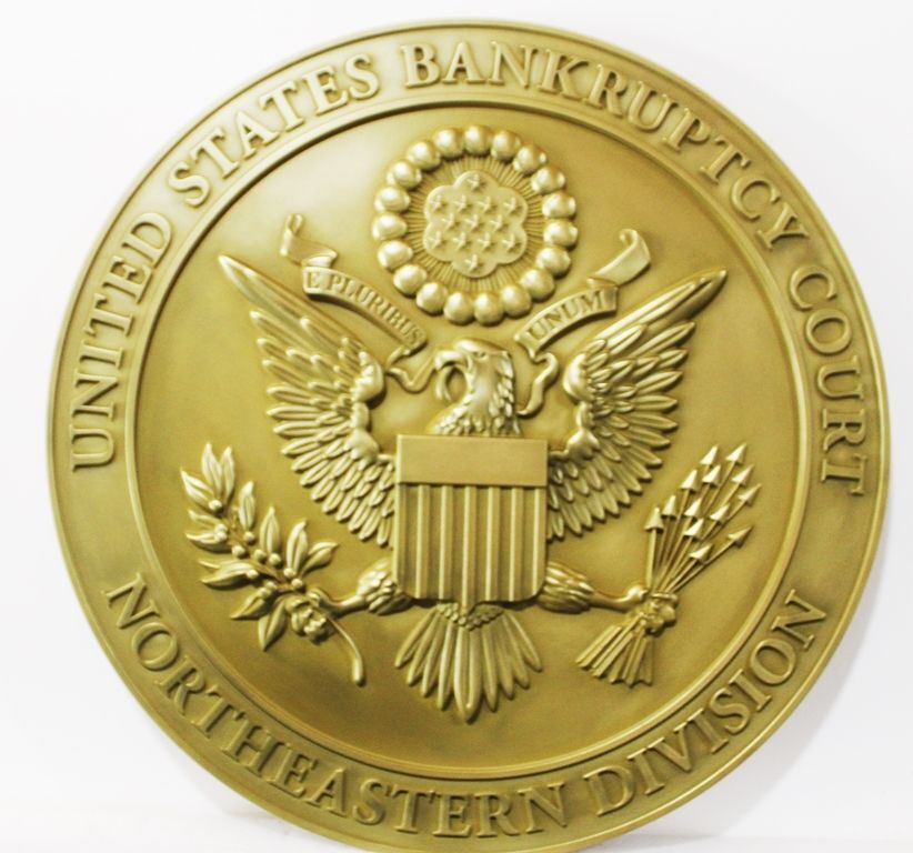 FP-1416 - Carved 3-D Bas-Relief Plaque of the US Bankruptcy Court,  Northeastern Division, Painted in Metallic Brass