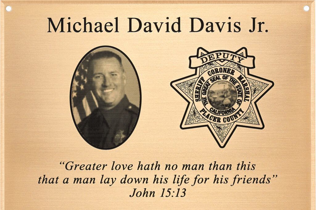 M7906 - Etched  Bronze Memorial Plaque Honoring Michael David Davis, Jr. Deputy Sheriff of Placer County, California, with  a Half-tone Etched Photo 
