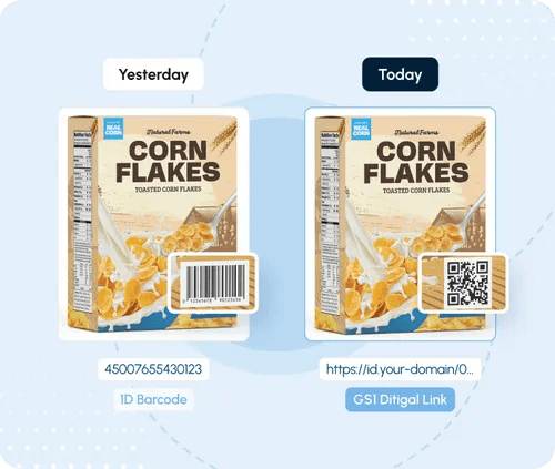 Corn Flakes box comparison showing a traditional 1D barcode versus a GS1 digital link QR code, highlighting packaging design trends in labeling.