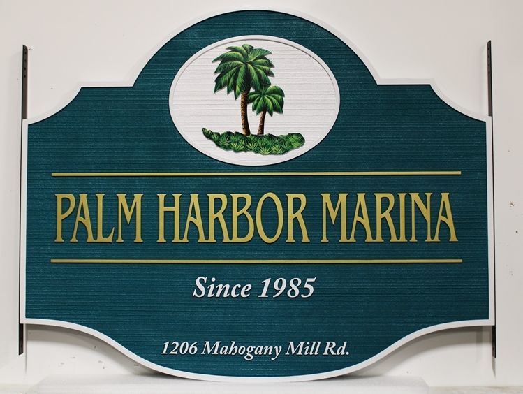 L22533 - Carved and Sandblasted 2.5-D Raised  Relief HDU Entrance Sign for Palm Harbor Marina