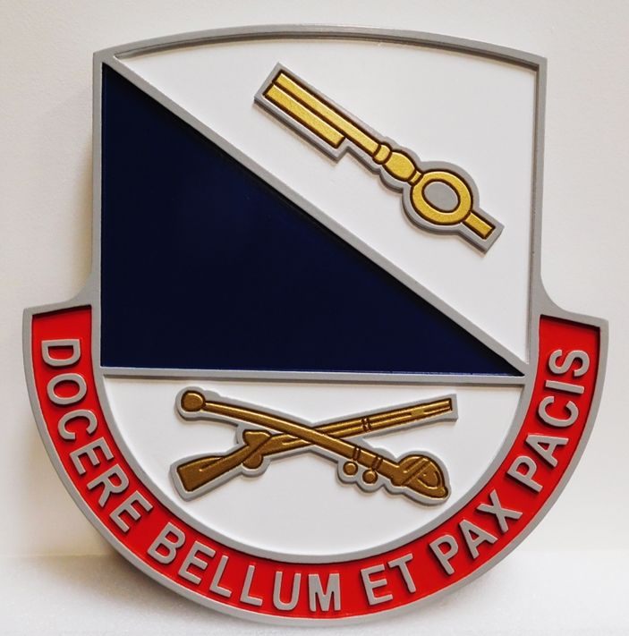 MP-2073 - Carved Plaque of the Crest  of the US  Army 181st Infantry Brigade  with Motto " Docere Bellum Et Pax Pacis" (Win War and Peace),  Artist-Painted