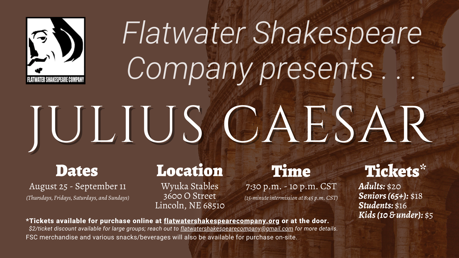 #10STU –– STUDENT: Fri. Sept. 9, 2022 | 7:30 p.m. - 10 p.m. CST | Wyuka Stables (Julius Caesar)